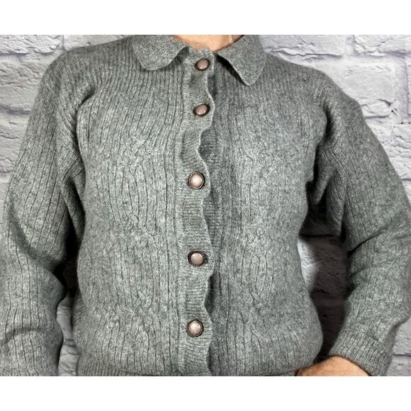 Vintage Wool and Angora Button Up Cable Knit Collared Grandma Chic Sweater - Picture 1 of 8